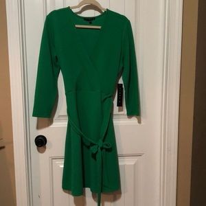 Tiana B. faux wrap v-neck 3/4 sleeve fit and flare dress; textured fabric;